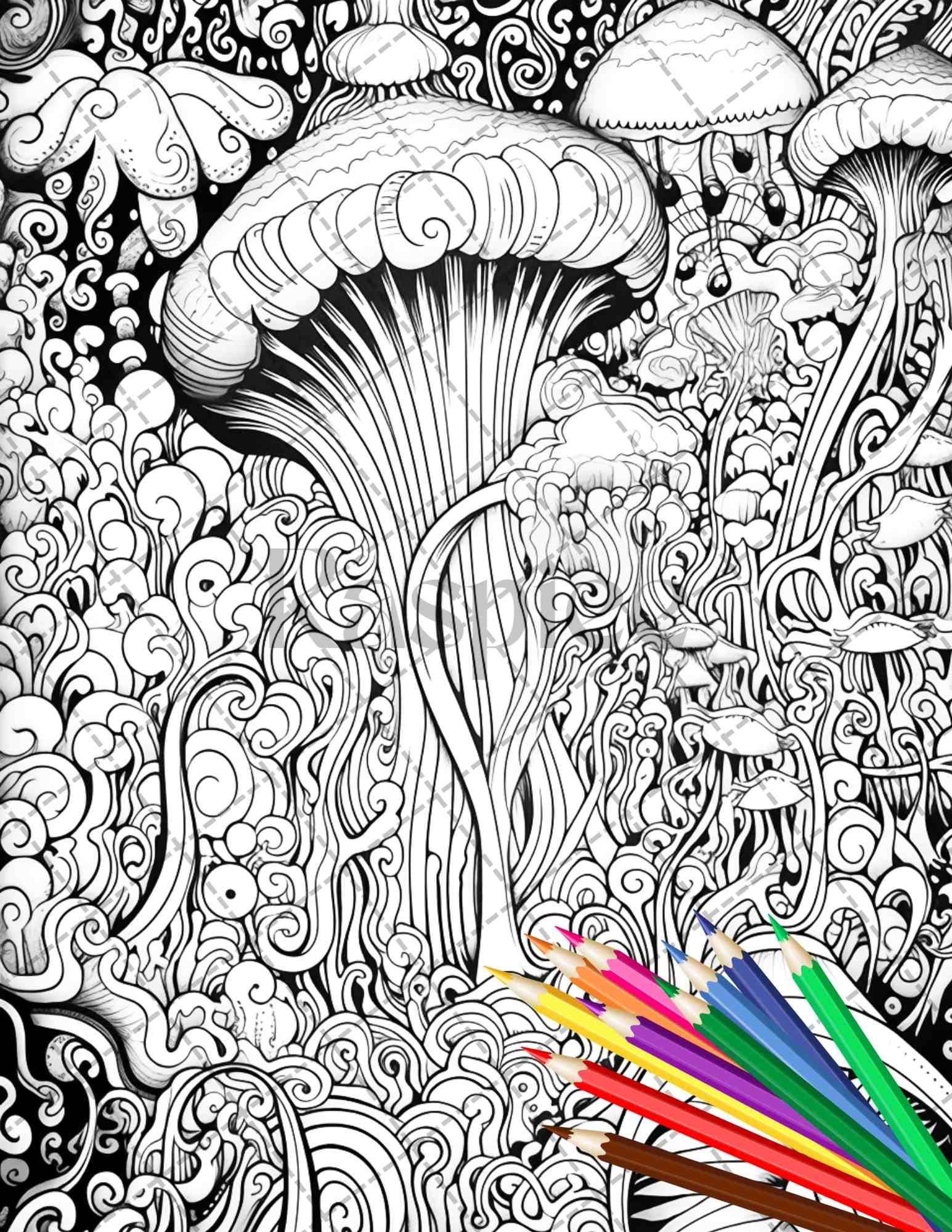 Psychedelic trippy coloring book printable for adults grayscale color â coloring