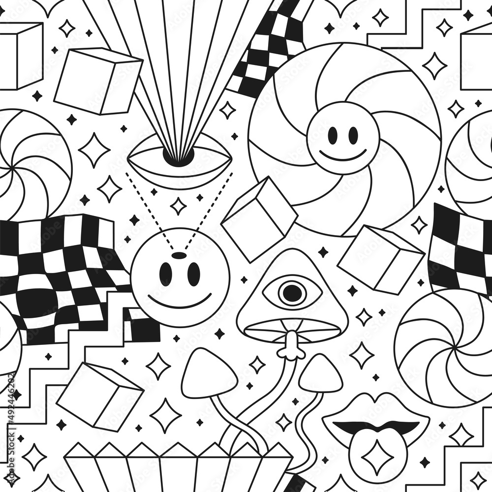 Trippy psychedelic geometry coloring page seamless patternvector crazy cartoon character illustrationsmile groovy facesacidtrippycells seamless pattern wallpapercoloring book print concept vector