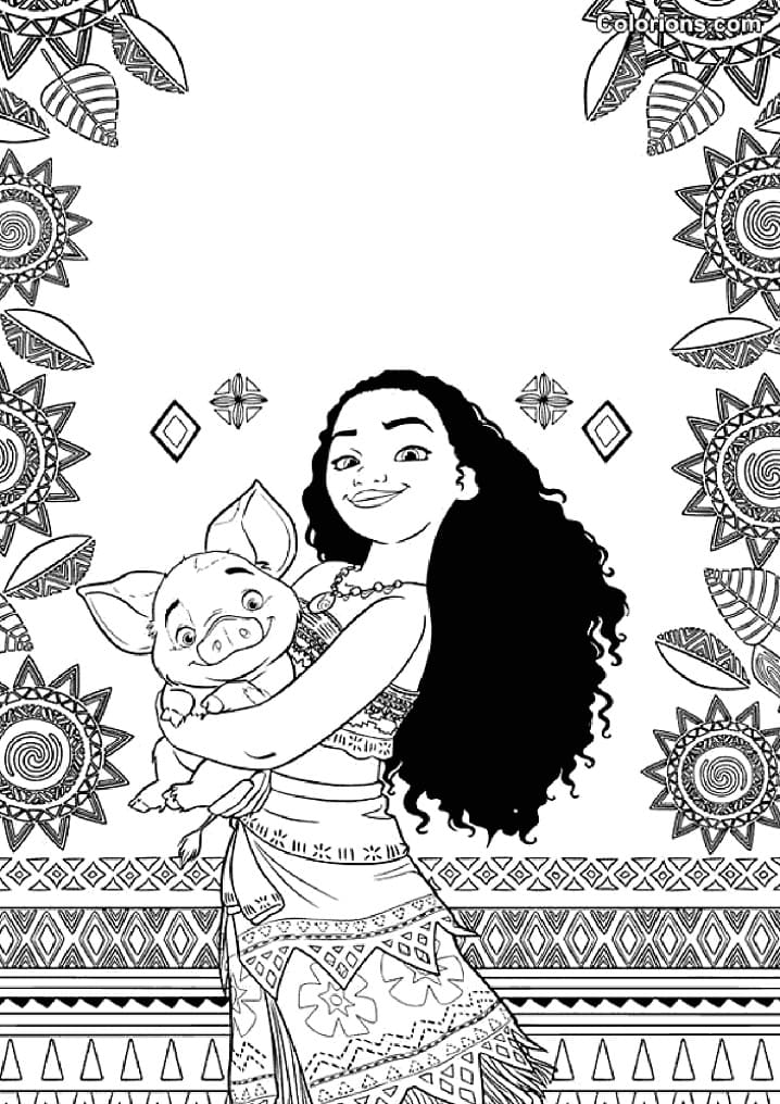 Moana and pua pig coloring page