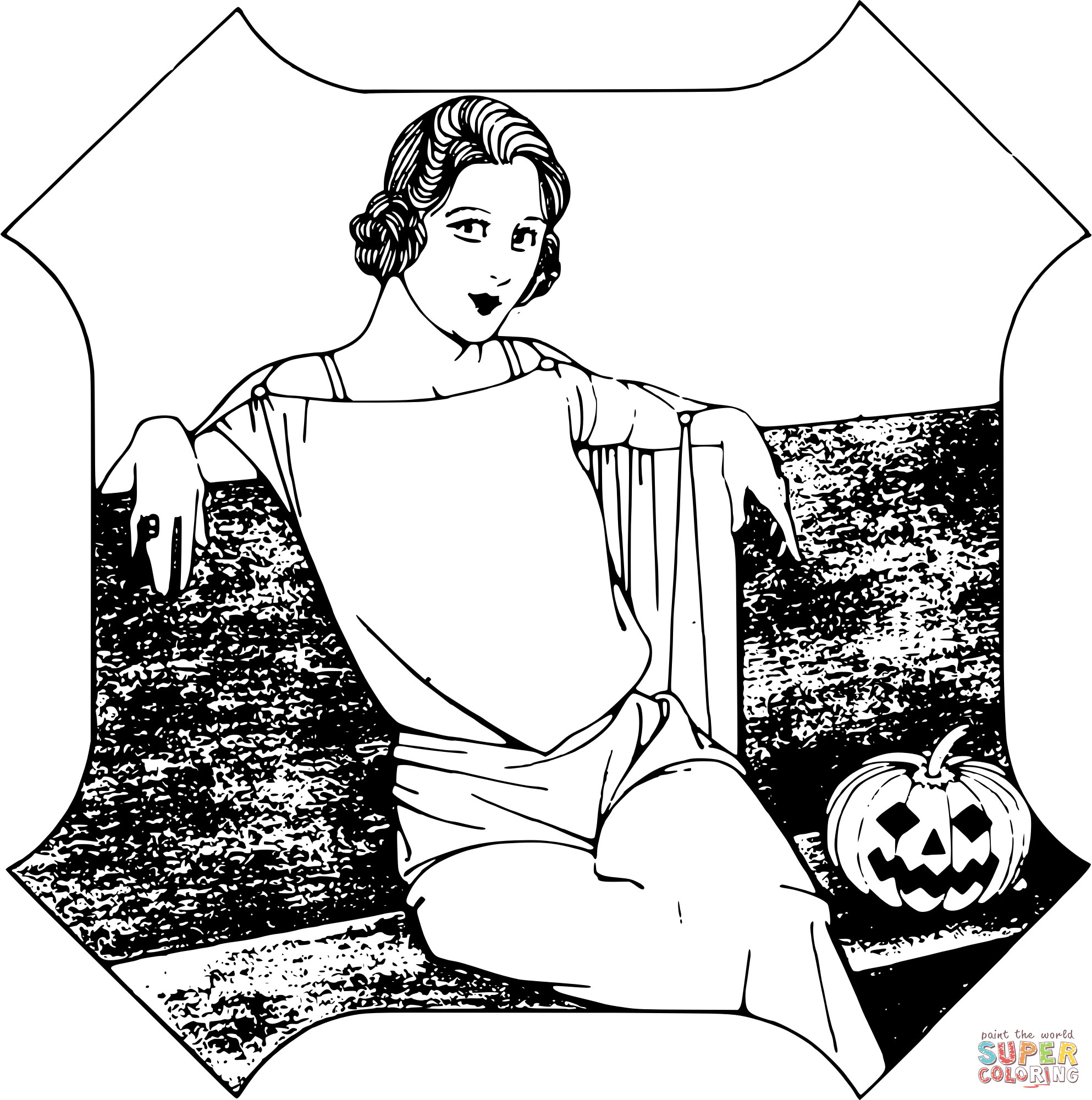 Vintage halloween lady coloring page free printable coloring pages