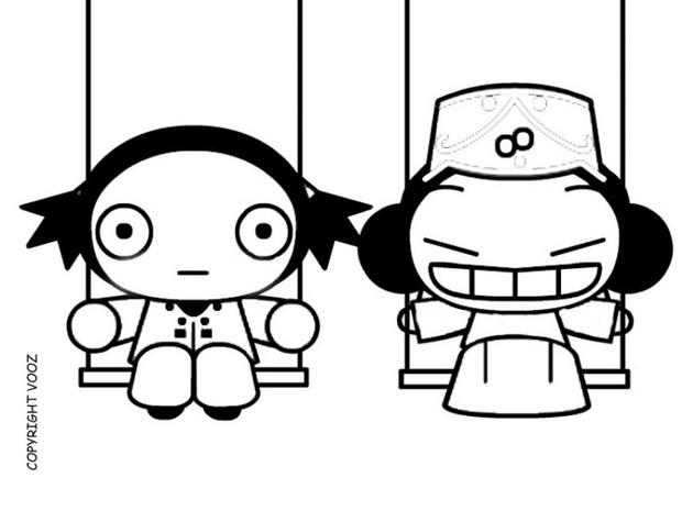 Pucca having a swing with her friend coloring pages