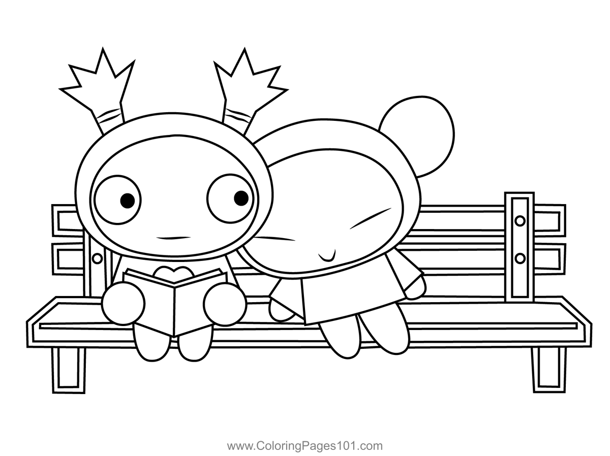 Pucca and garu sitting on a bench coloring page for kids