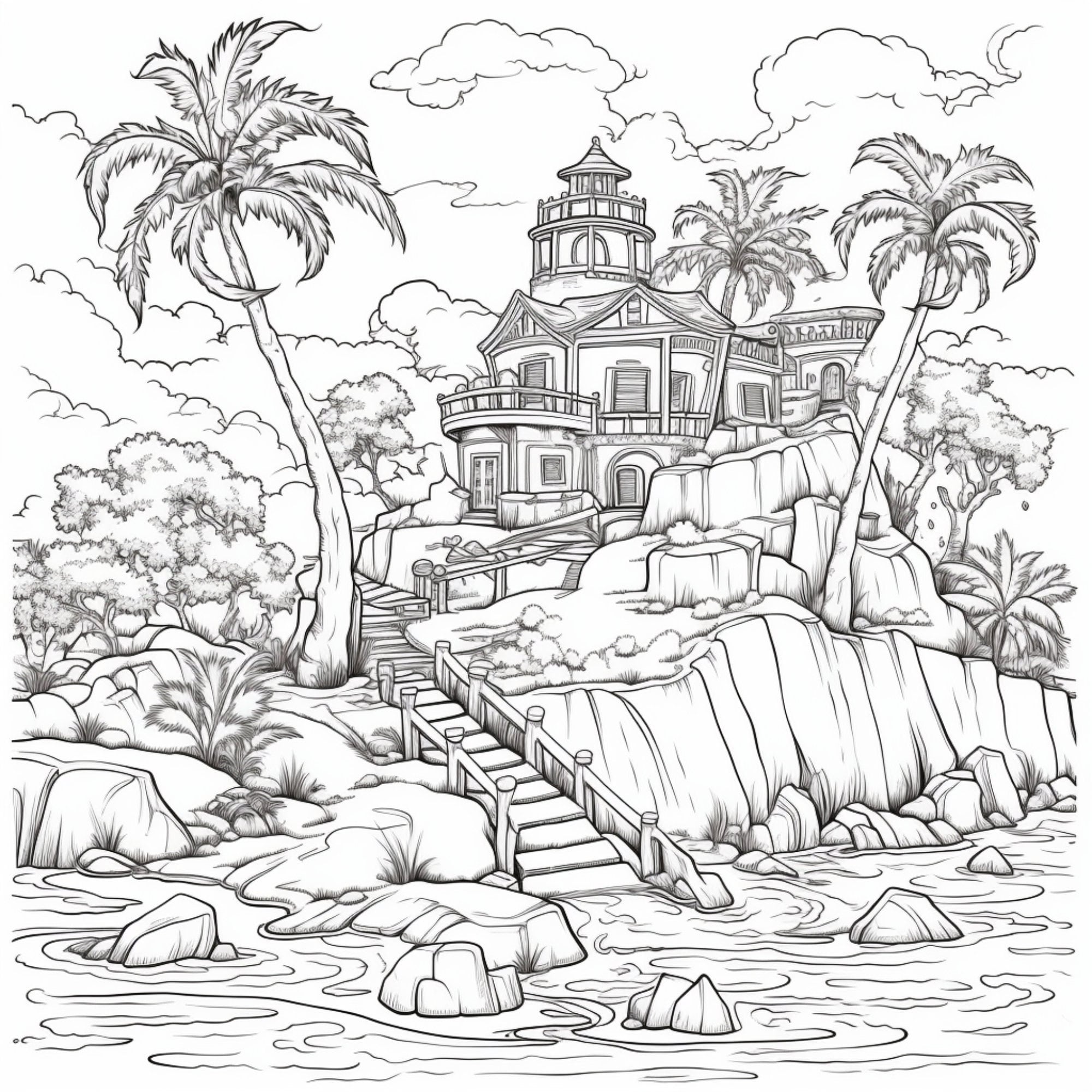 Printable tropical island coloring pages for kids and adults digital download pdf