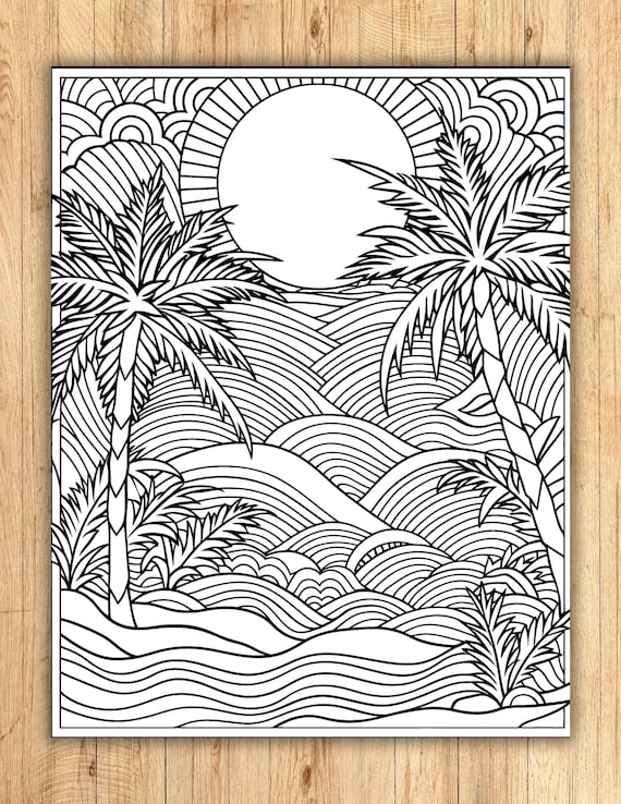 Sunset ocean waves coloring page printable coloring page ocean themed tropical palm tree pdf jpeg png digital download