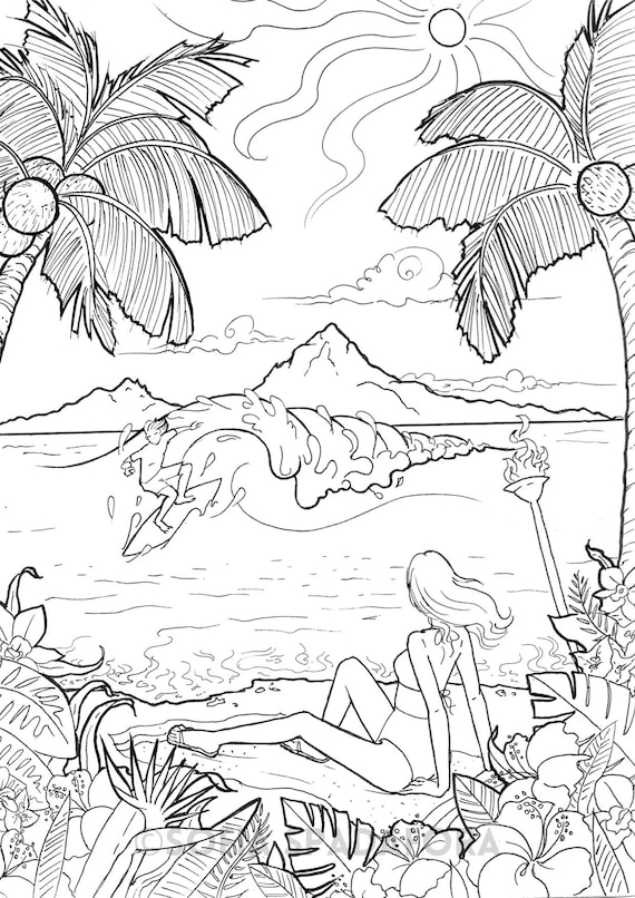 Chill beach escape adult coloring page instant digital download surf wave ocean palm tress tropical flowers beach girl