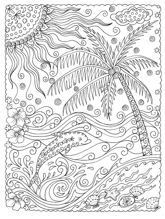 Pages beachy escape coloring digital color pages shells ocean surf tiki dolpjins palm trees instant downloads