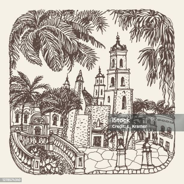 Vector hand drawn trace of fantasy urban mexican landscape with palms medieval town street houses church