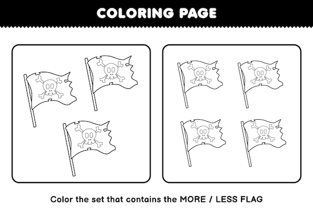 Premium vector education game for children coloring page more or less picture of cute cartoon flag line art set printable pirate worksheet