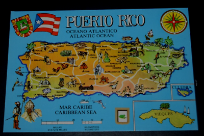 Pair vtg puerto rico color postcard island map and landmarks collage t