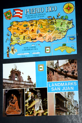 Pair vtg puerto rico color postcard island map and landmarks collage t