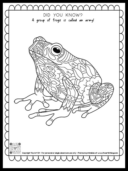 Frog coloring page with fun fact group of frogs is called â free printable â the art kit