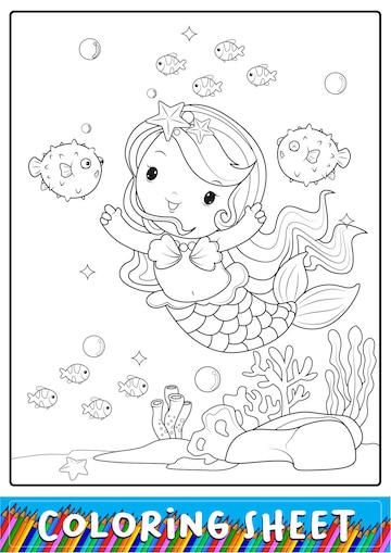 Premium vector cute mermaid and puffer fish cartoon coloring sheet