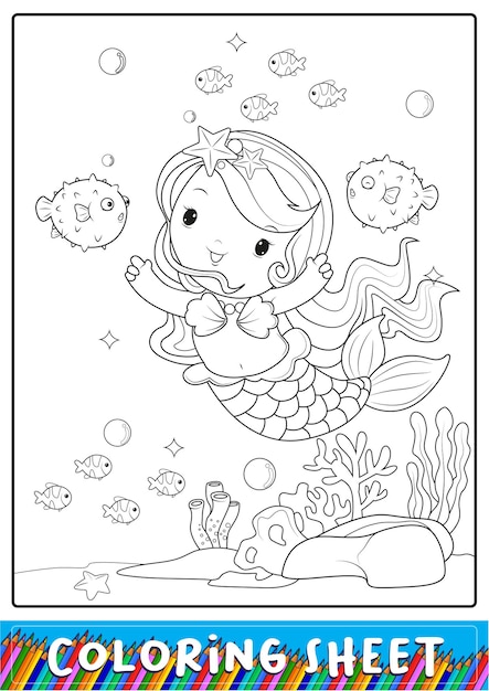 Premium vector cute mermaid and puffer fish cartoon coloring sheet