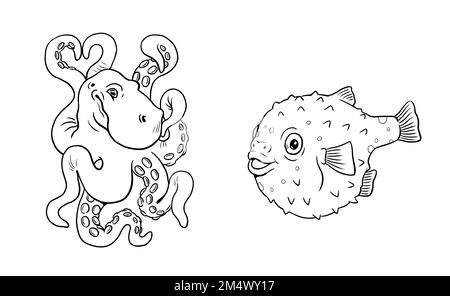 Puffer fish drawing illustration black and white stock photos images