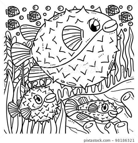 Mother pufferfish and baby pufferfish coloring