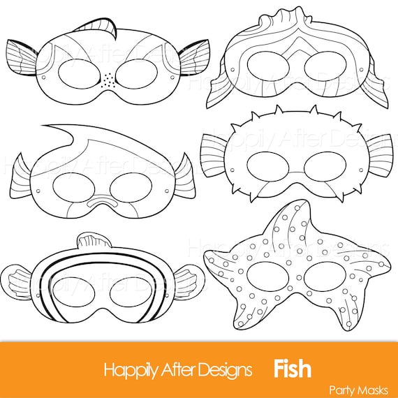 Fish printable coloring masks clownfish mask blue tang starfish pufferfish fish party moorish idol fish costume masks coloring page