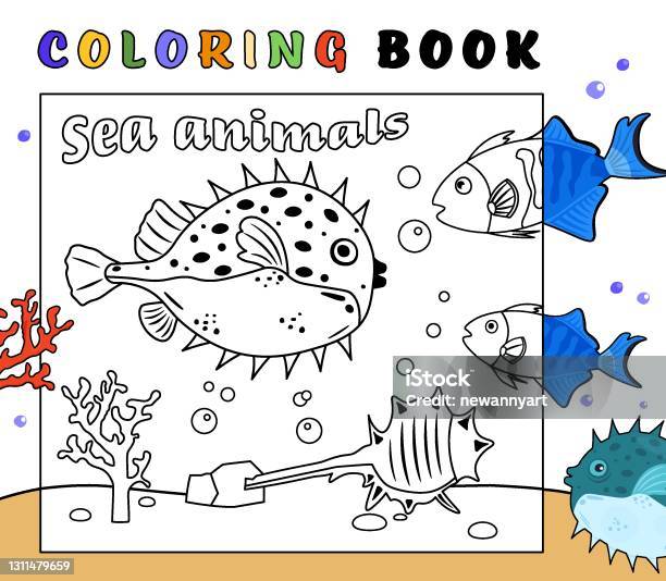 Sea pufferfish coloring book ready to print stock illustration