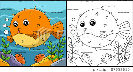 Pufferfish coloring page colored illustration