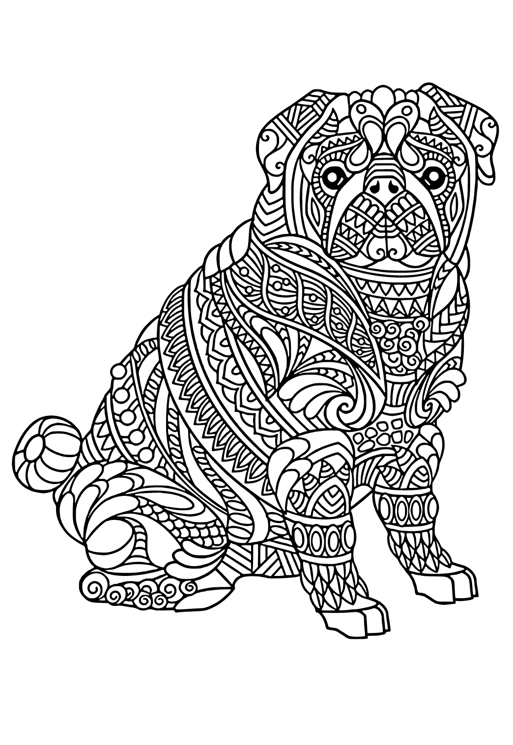 Free printable pug difficult coloring page for adults and kids