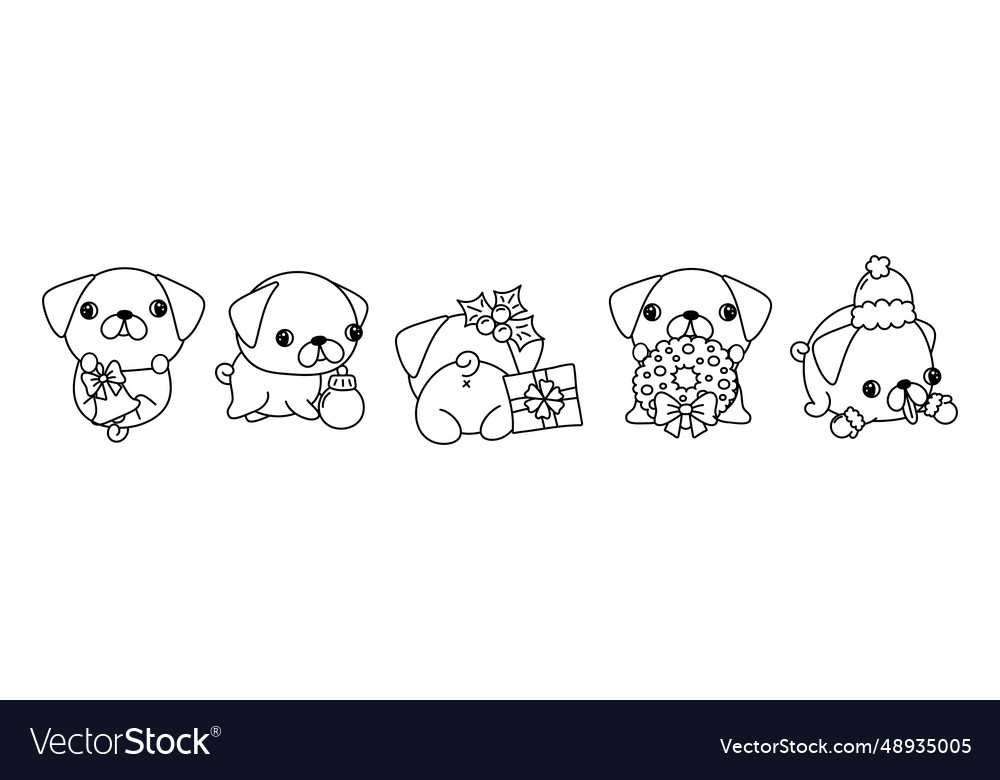 Set of christmas pug dog coloring page royalty free vector