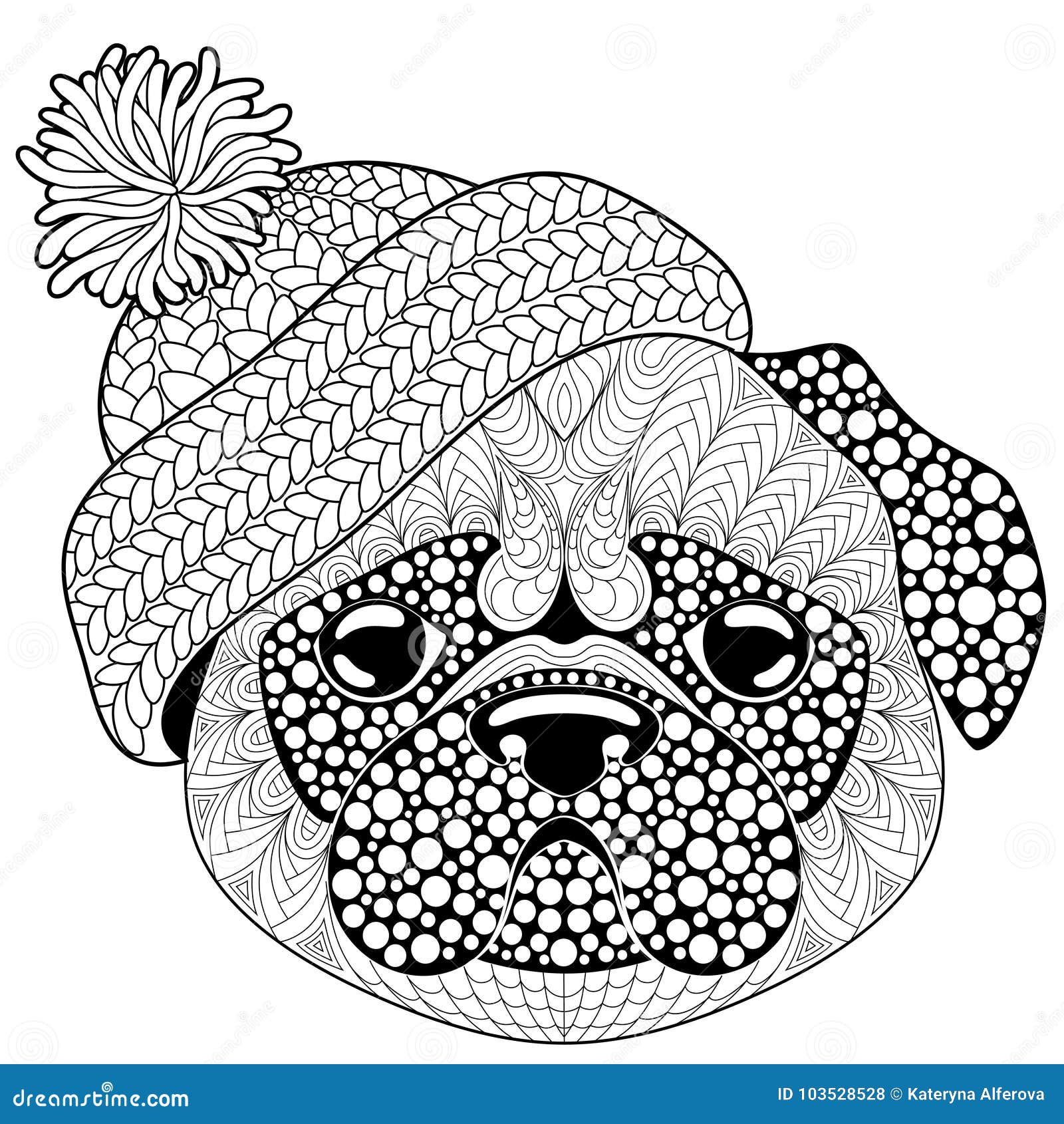 Pug dog with knitted hat tattoo or adult antistress coloring page black and white hand drawn doodle for coloring book stock vector