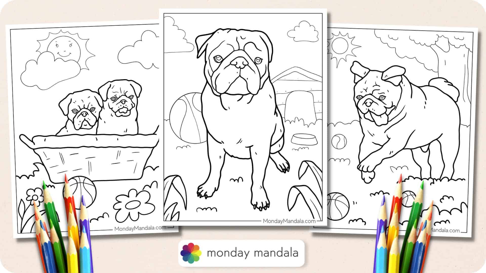 Pug coloring pages free pdf printables