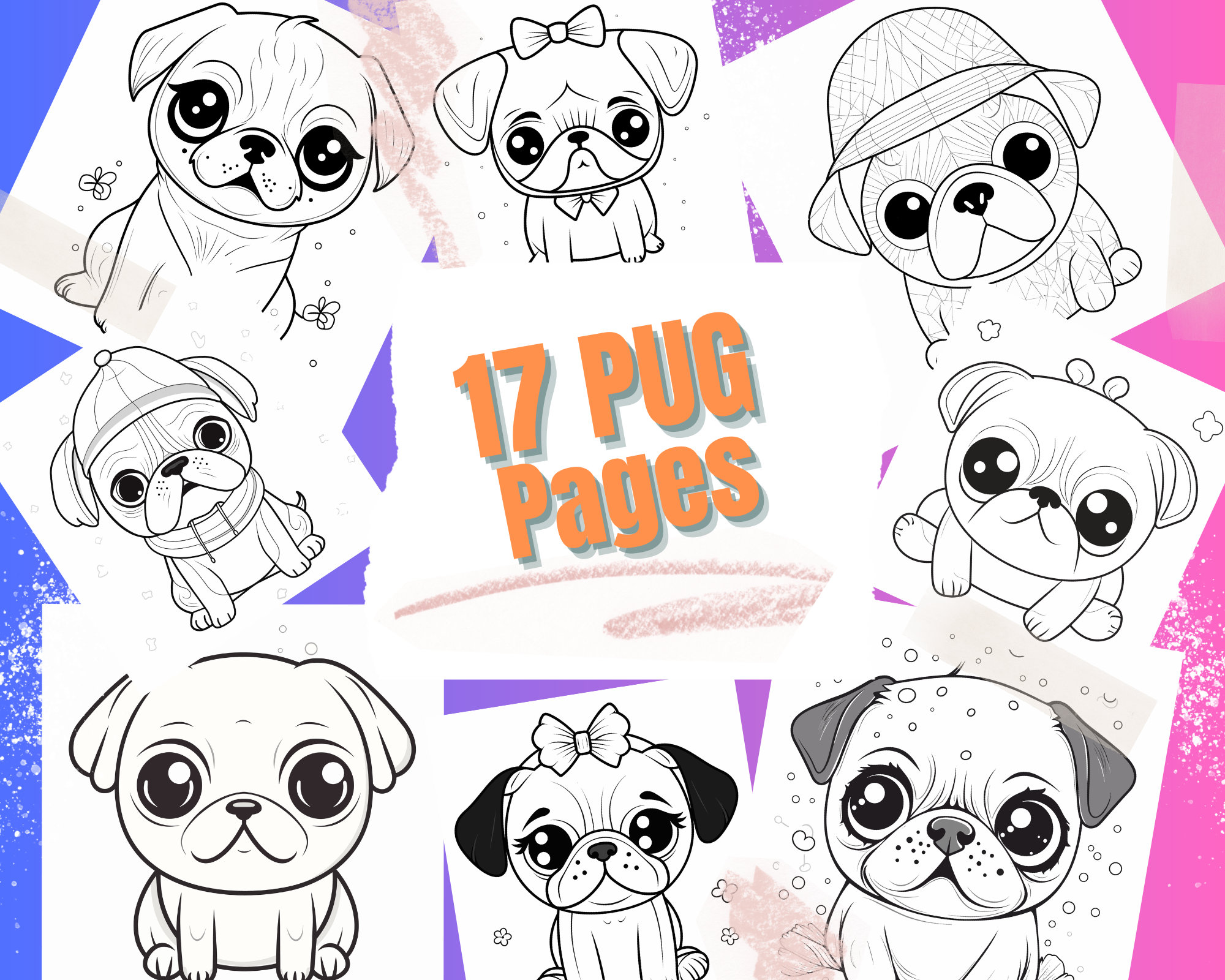 Kawaii pug coloring pages printable dog coloring sheets for teens adults pug lovers stress relief and relaxation pdf