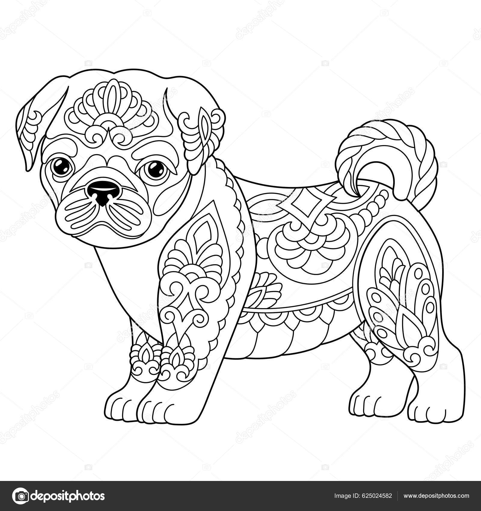 Cute pug dog adult coloring book page mandala style stock vector by sybirko