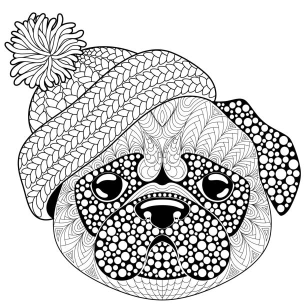 Pug dog with knitted hat tattoo or adult antistress coloring page black and white hand drawn doodle for coloring book stock illustration