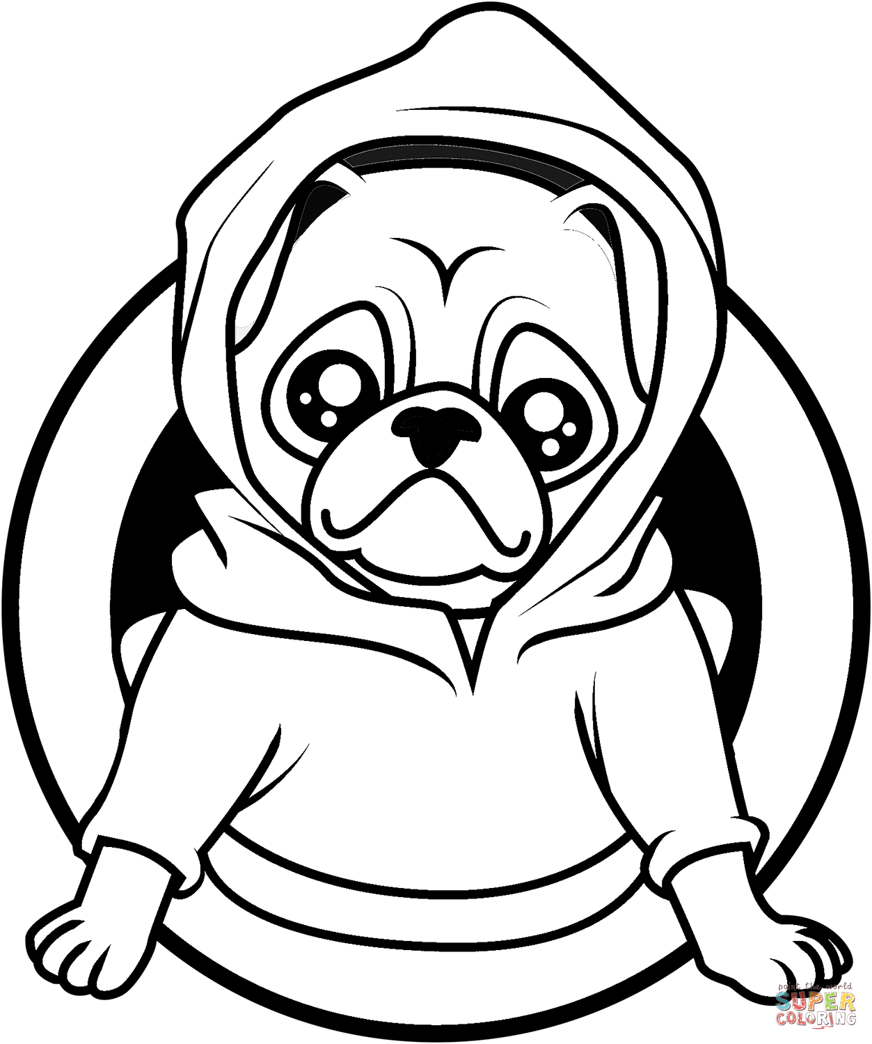 Pug in a hoodie coloring page free printable coloring pages