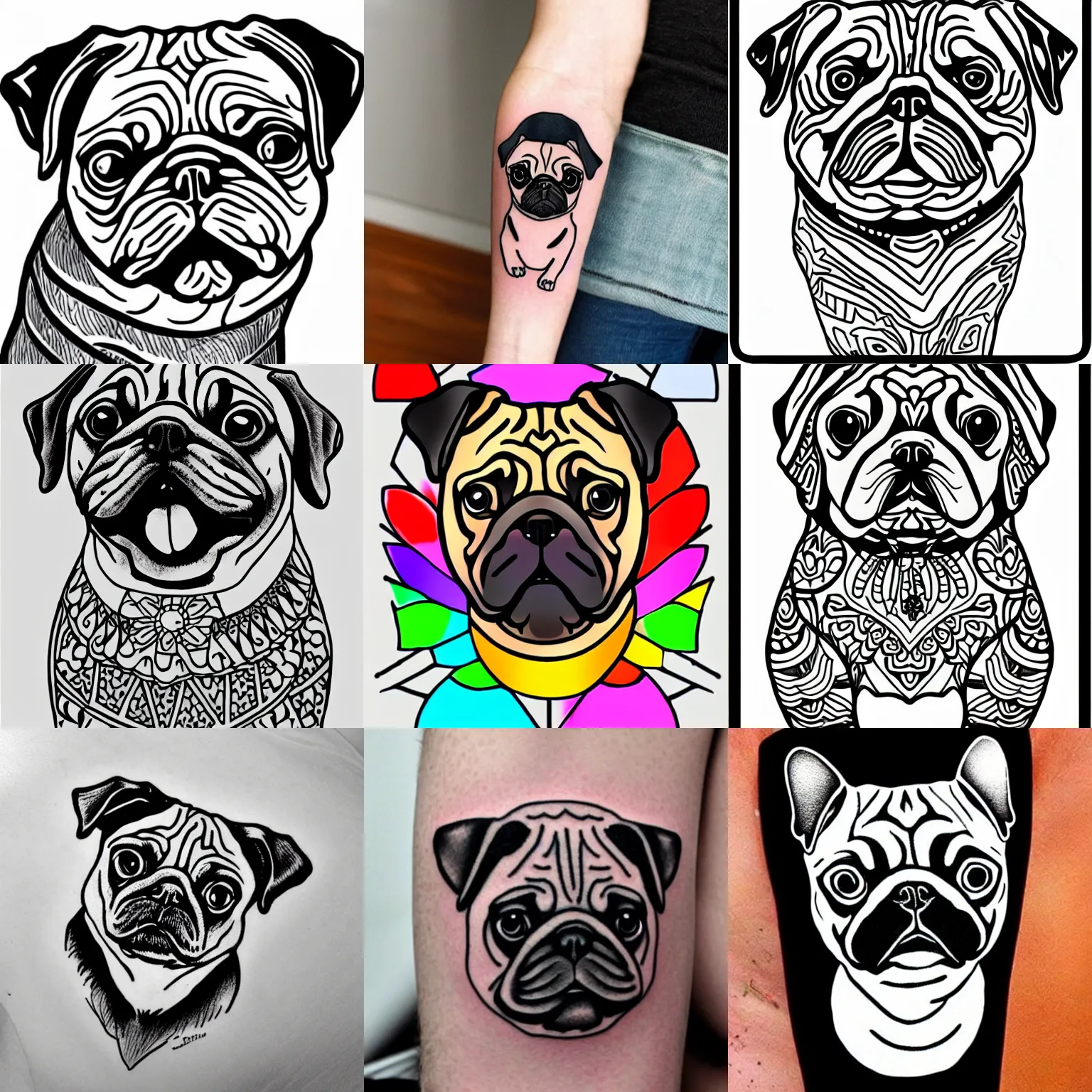 Pug tattoo temporary tattoo coloring page stable diffusion