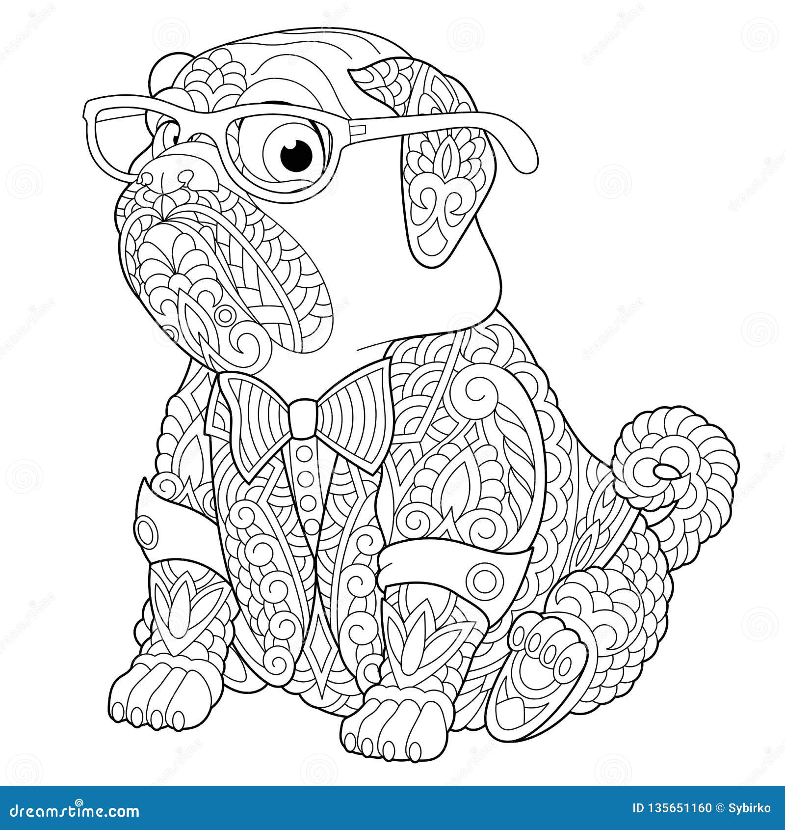 Zentangle pug dog coloring page stock vector