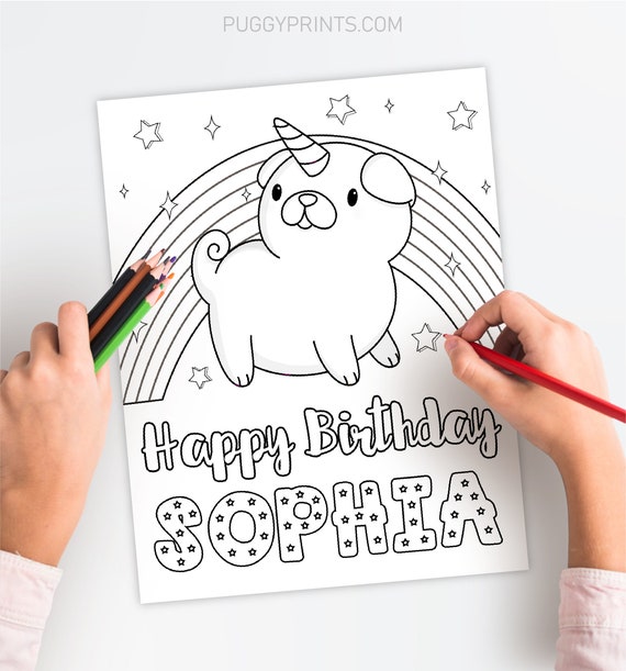 Pug unicorn birthday coloring page editable pug coloring page template printable pug birthday coloring sheet pug rainbow birthday party