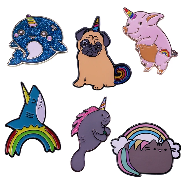 Cartoon magical unicorn animal lapel pin magic dog pug cat pig seal dolphin shark enamel brooch party favor for friends or kids