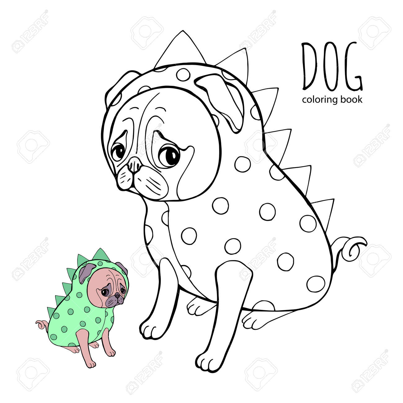 Cute dog breed pug in a dragon costume it can be used for coloring book page royalty free svg cliparts vectors and stock illustration image