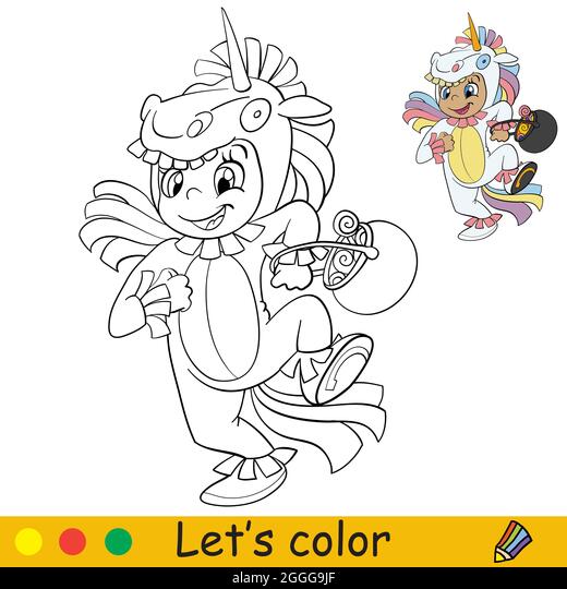 Funny girl in unicorn costume halloween concept coloring book page for children with colorful template vector cartoon illustration for print pres stock vector image art