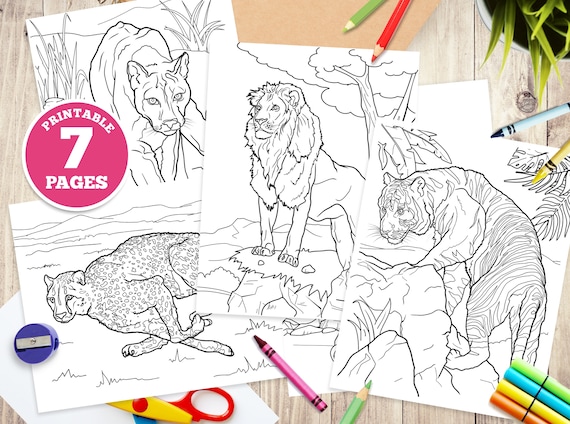 Printable coloring pages for kids big cats unique illustrations instant download digitalpdf lion puma tiger cheetah animals cat