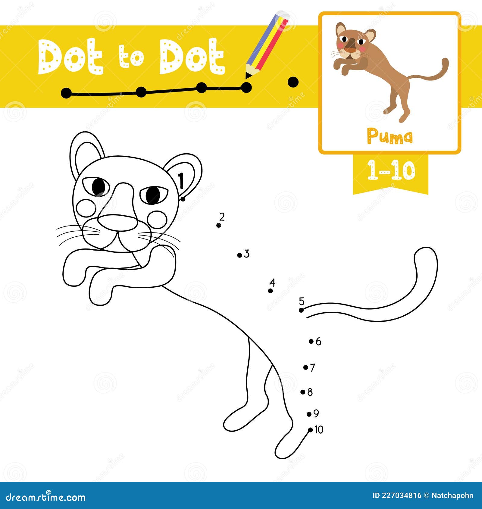 Dot to dot educational game and coloring book jumping puma animal cartoon character vector illustration stock vector