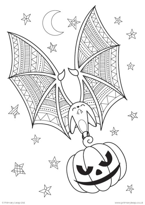 Holidays and months mindfulness louring page bat with a pumpkin worksheet