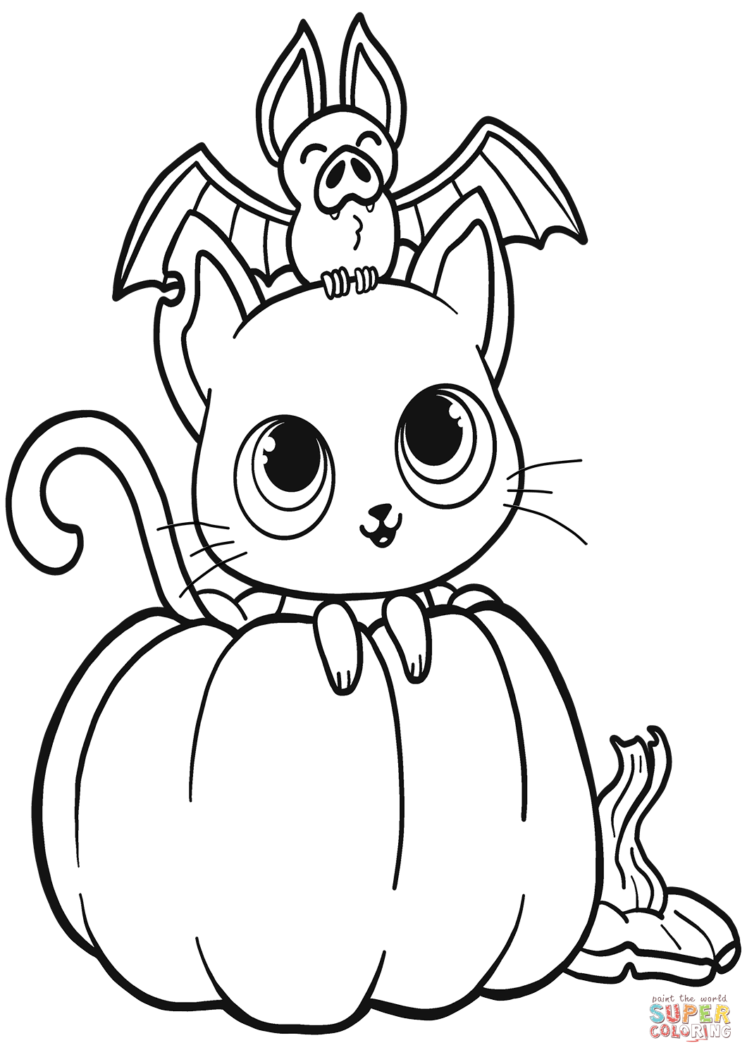 Bat cat and pumpkin coloring page free printable coloring pages