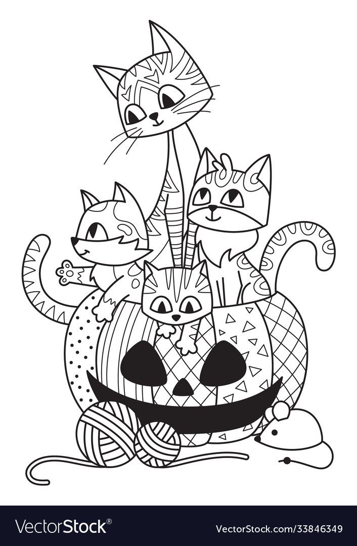 Halloween pumpkin and cats doodle coloring book vector image