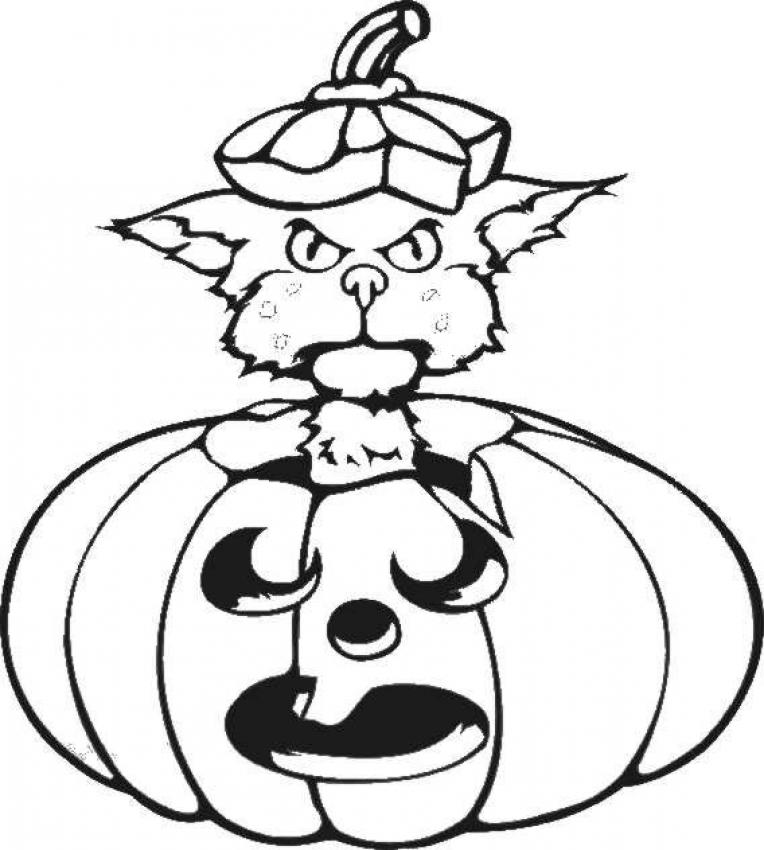 Cat playing with a halloween pumpkin coloring pages