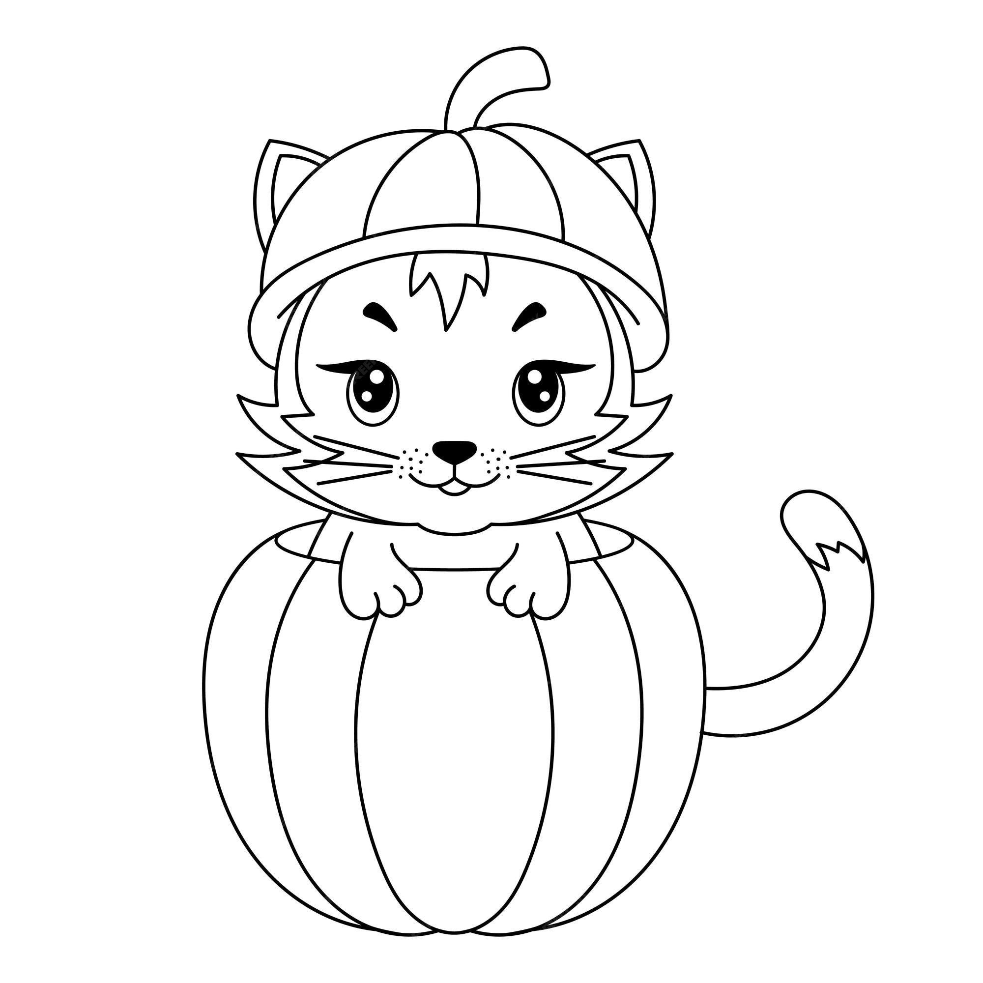 Premium vector a cat in the pumpkin coloring book coloring page black and white illustration happy halloween