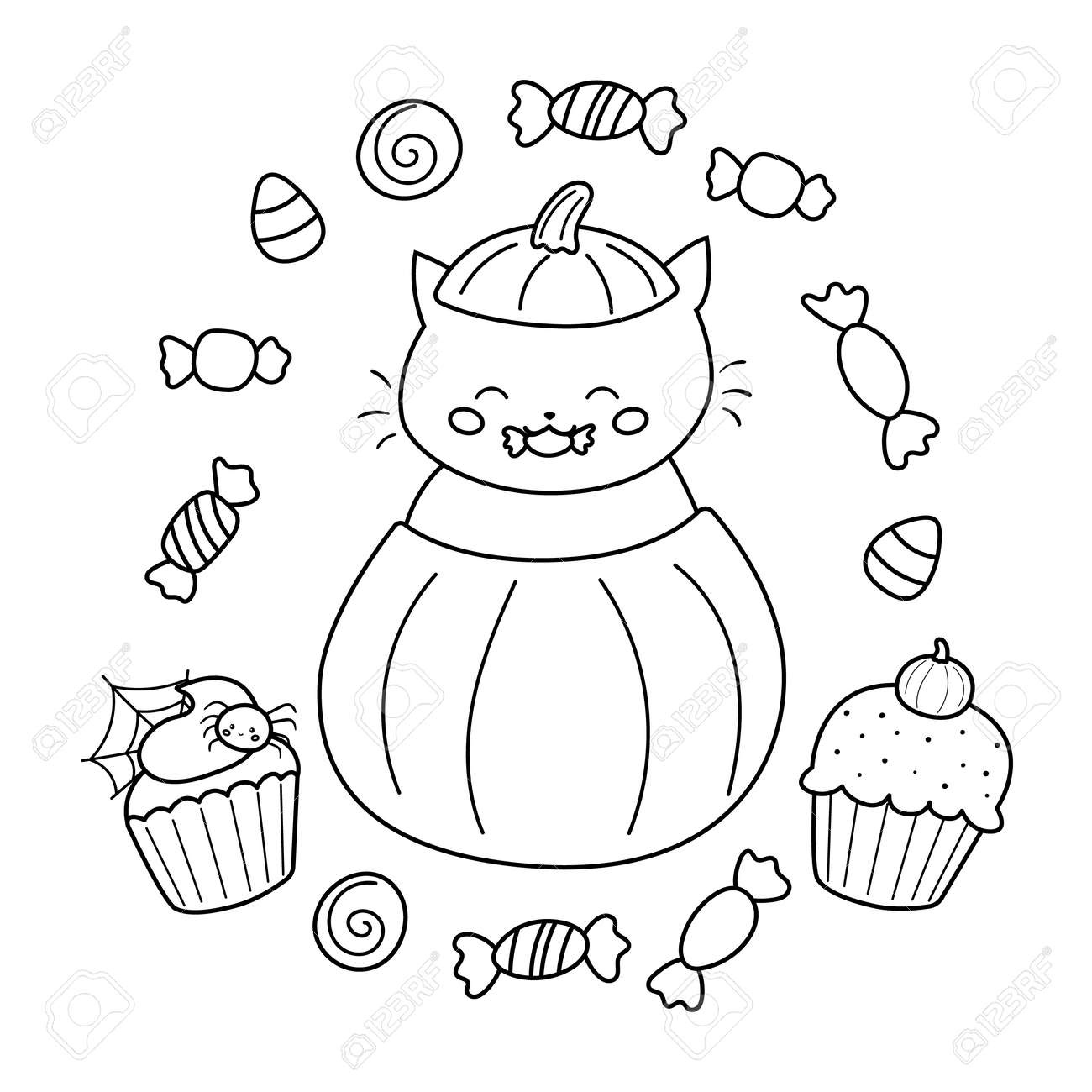 Halloween coloring page for children cute cartoon cat in pumpkin with candies vector outline character royalty free svg cliparts vectors and stock illustration image