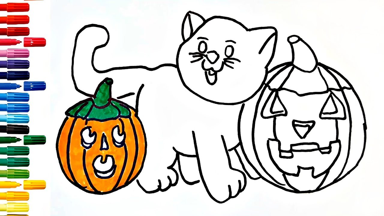 Pumpkins and cat coloring pages drawing for kids halloween atributes