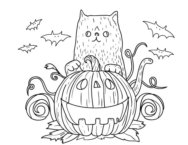 Printable cat and pumpkin coloring page