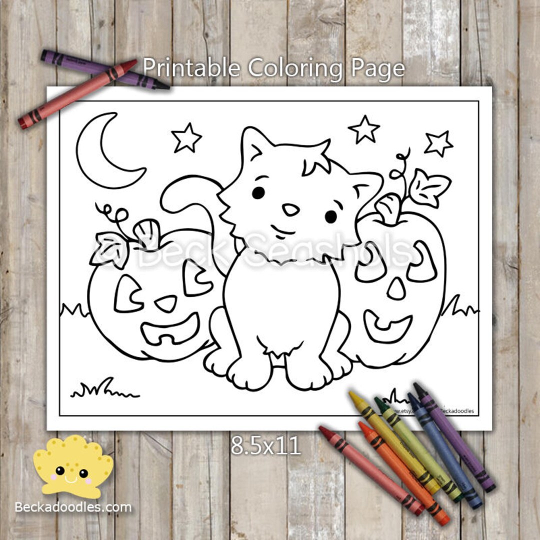 Printable cat and pumpkins coloring page digital download hand