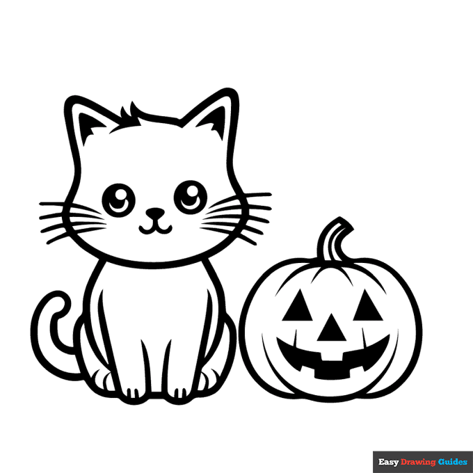 Easy cat and halloween pumpkin coloring page easy drawing guides