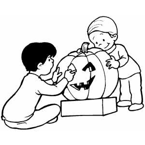 Children carving pumpkin coloring page