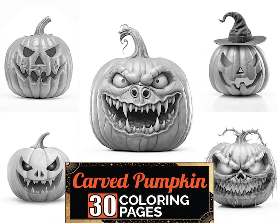 Scary carved pumpkin coloring book greyscale illustration adult kids halloween page a size sheet printable digital pdf download